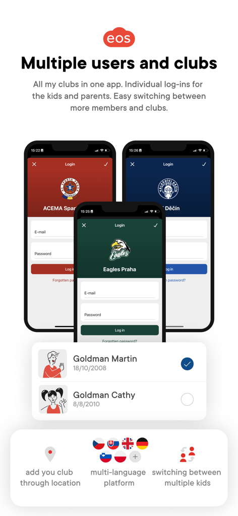 EOS for clubs and communities - Mobile app interface for managing multiple sports clubs and switching between family member profiles