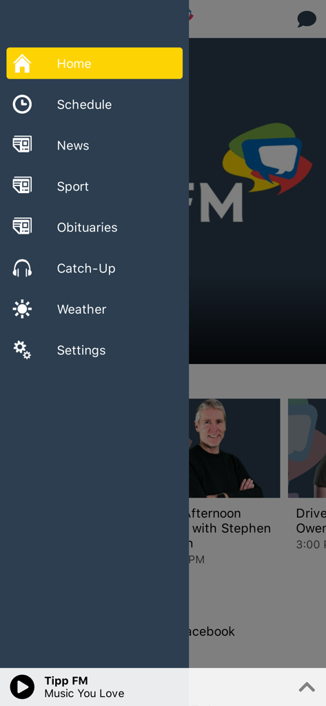 Tipp FM - 뉴스, 스포츠, 부고, 날씨 섹션이 있는 Tipp FM 모바일 앱 측면 탐색 메뉴