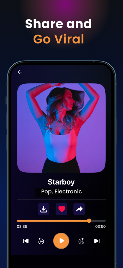 Suno AI: Instant Song Maker - 共有オプションが表示された生成されたポップエレクトロニックソングの音楽プレーヤーを示すSuno AIアプリのモバイルインターフェース、バイラルにするための共有オプション付き