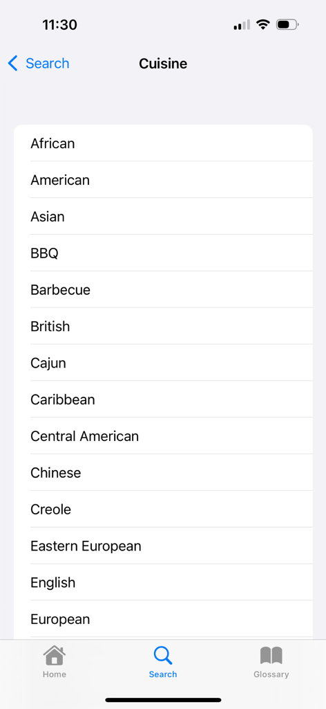 Yum‎ - A menu showing a list of international cuisine types to choose from in the Yum app.