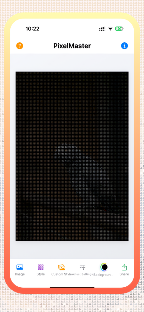 PixelMaster - Image Pixelator - Interface of the PixelMaster app showing a photo of a bird being transformed into circular pixel art.