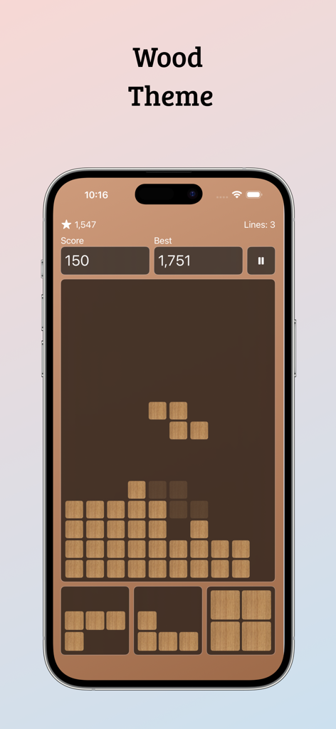 Jugabilidad del juego de puzzle Falling Blocks con el tema de textura de madera en un iPhone.