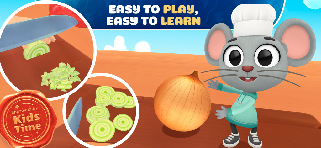 Un lindo ratón chef de dibujos animados en un juego de cocina que muestra cómo picar una cebolla para niños.