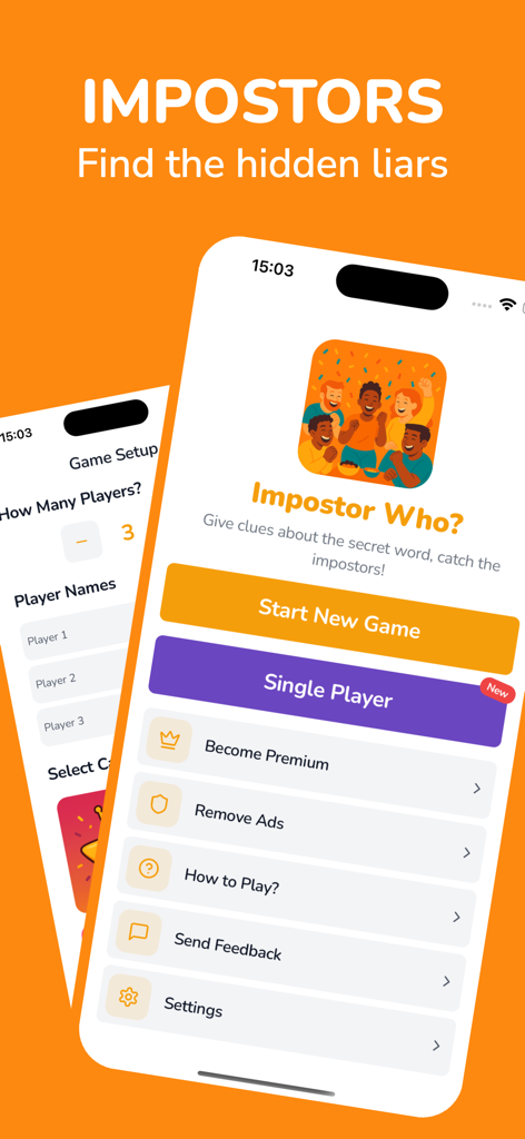 Impostor Who? Secret Word Game - Menu principal do Impostor Who? Jogo de Palavras Secretas mostrando opções para novo jogo e modo para um jogador