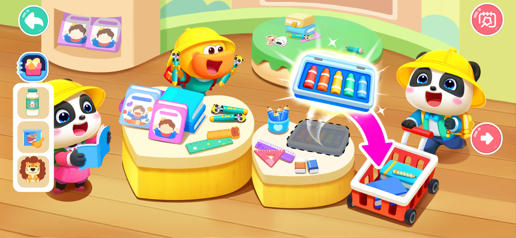 Animated baby pandas shopping for school supplies and placing a box of crayons into a shopping cart.
