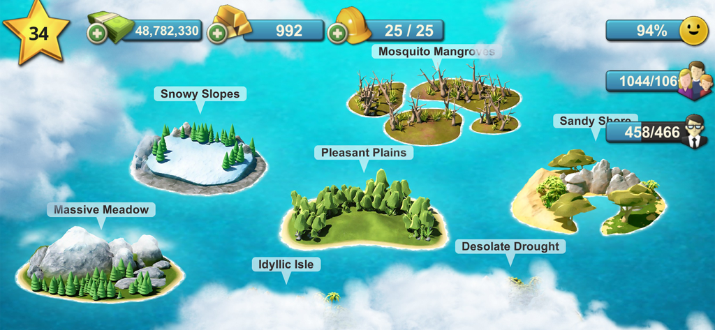 City Island 4 Simulation Town - Vista general del mapa del mundo en City Island 4 que muestra varias islas desbloqueables, incluyendo Snowy Slopes y Pleasant Plains