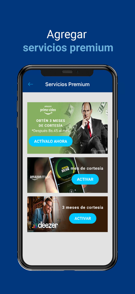 Mi Tigo app screen showing premium service offers for Amazon Prime Video, Amazon Music, and Deezer with a button to activate each.