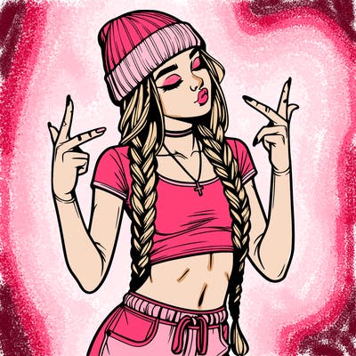 realistic teenage girl with braids and a beanie and crop top doing 🫶🏼