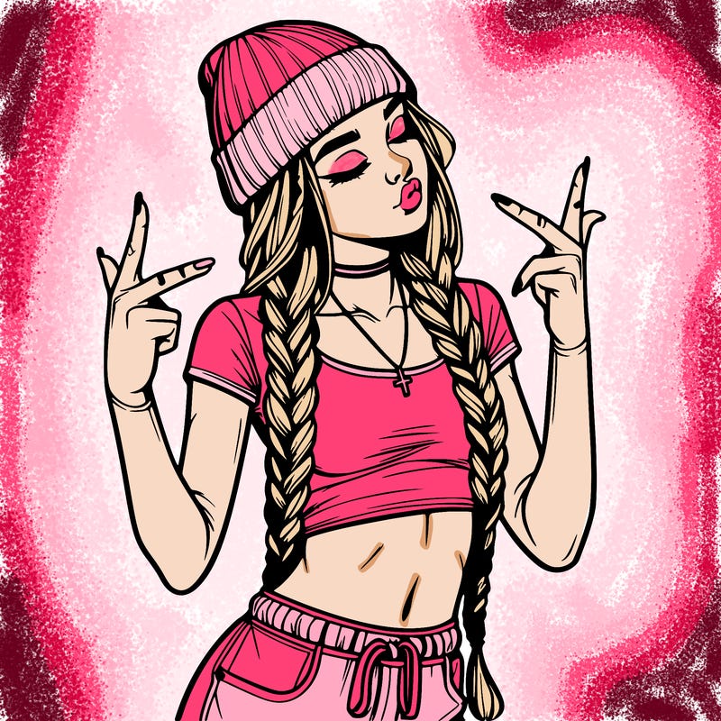 realistic teenage girl with braids and a beanie and crop top doing 🫶🏼