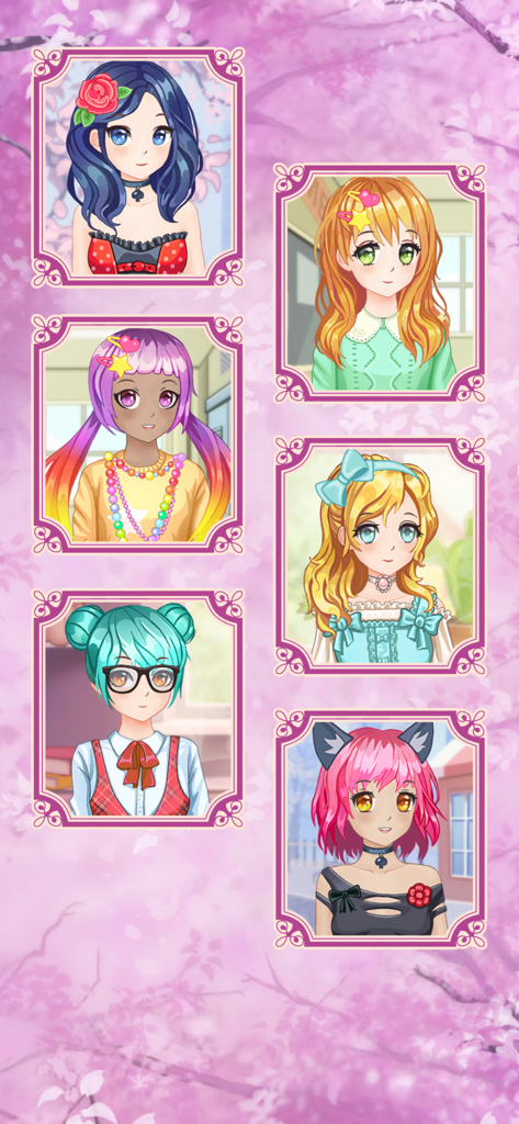 Six diverse anime girl avatars in various fashion styles