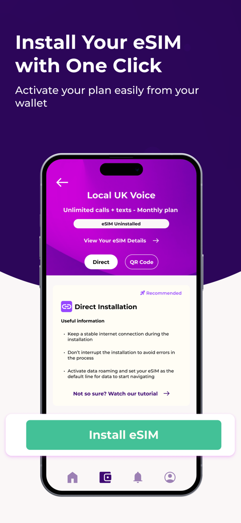 Interface of ZIM app showing the one-click direct installation screen for a Local UK Voice eSIM plan.
