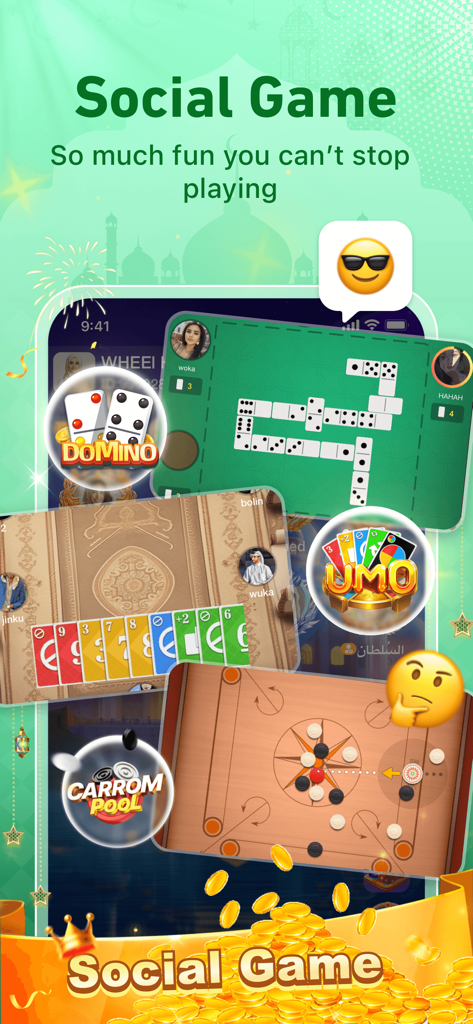 YouStar-Group Voice Chat Room - Une variété de mini-jeux sociaux sur l'application YouStar, y compris Domino, UMO et Carrom Pool avec un thème moyen-oriental.