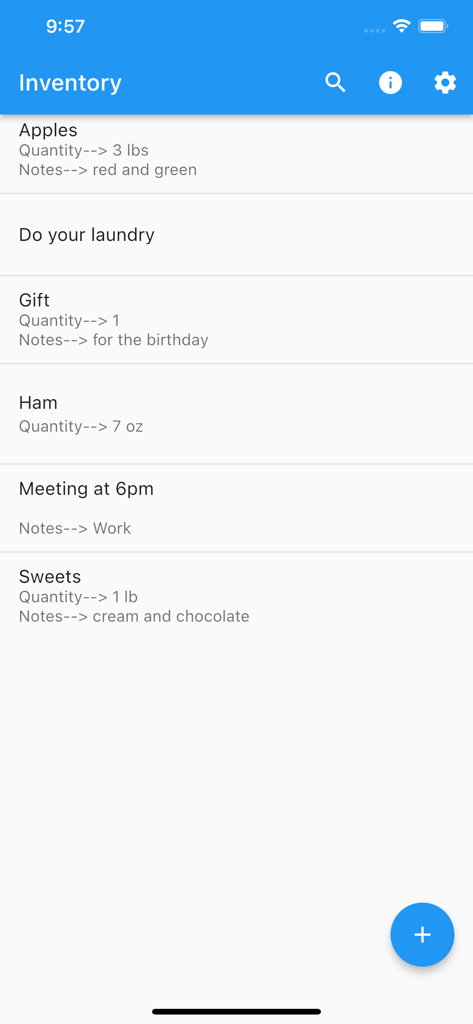 Interface principal do aplicativo Inventário rápido e fácil mostrando uma lista de itens com quantidades e notas