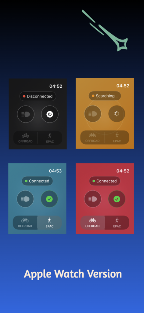 Bikee - Interfaz de la aplicación de e-bike Bikee para Apple Watch que muestra el estado de la conexión y los controles de conducción