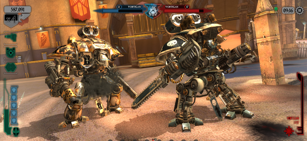 Warhammer 40,000: Freeblade - Two giant Imperial Knights engaging in a duel within a combat arena in Warhammer 40000 Freeblade