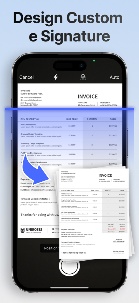 Smartphone screen displaying the e Sign app interface while scanning an invoice to create a custom digital signature.