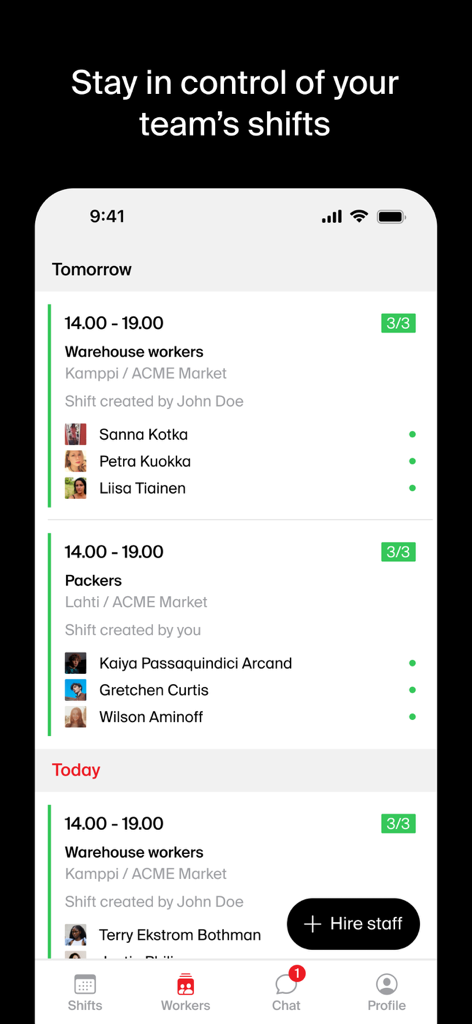 Interface of the Treamer app showing daily shift schedules for a frontline workforce team.