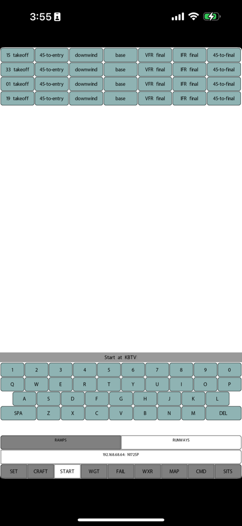 X-Plane 12 Control Pad interface showing flight phase selection buttons and a virtual keyboard for airport input