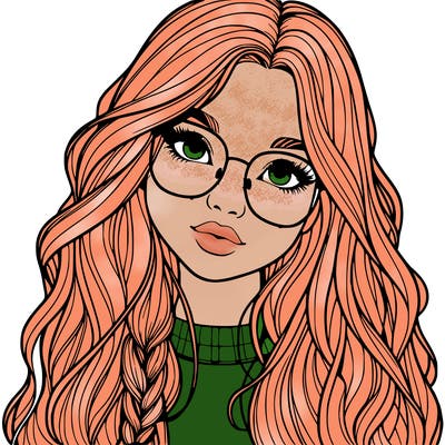 girl with long hair and freckles and glasses realistic