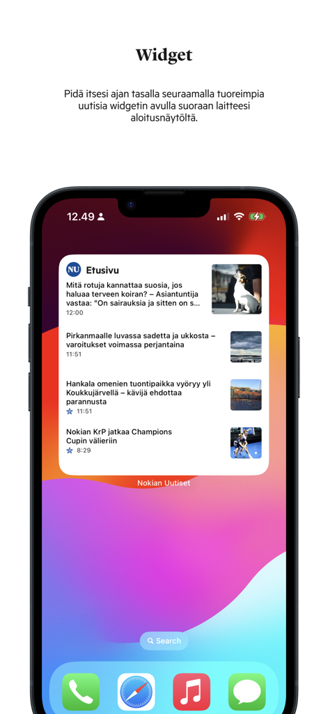 Nokian Uutiset news widget on an iPhone home screen showing local Finnish news headlines