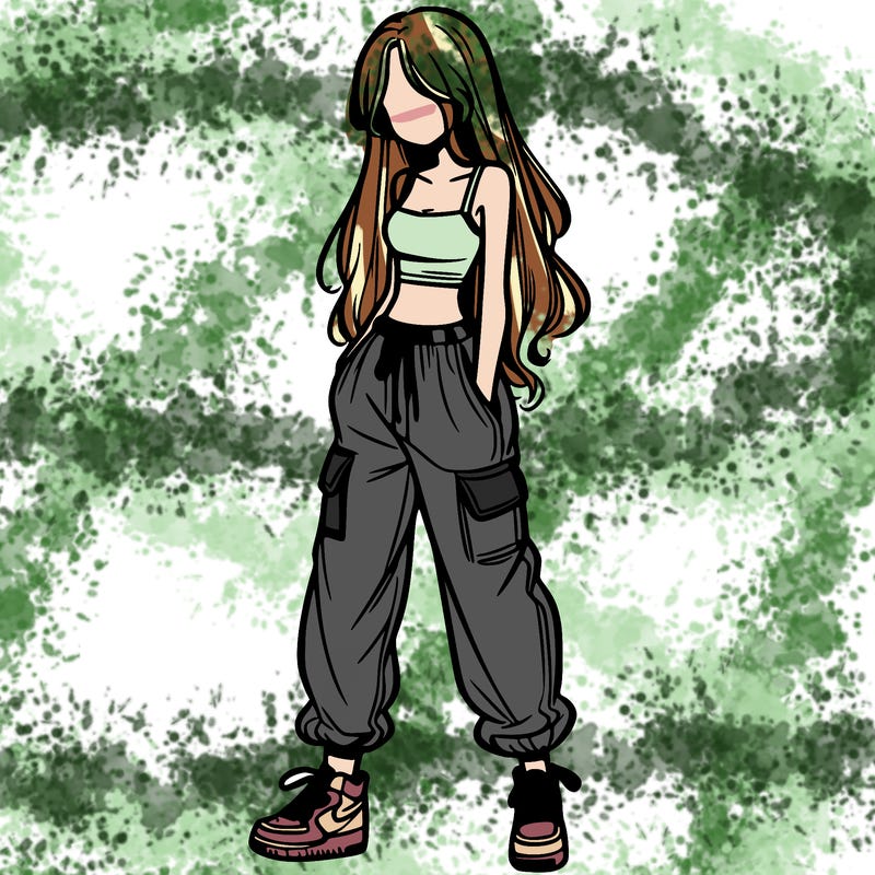 girl in baggy pants crop top and long hair