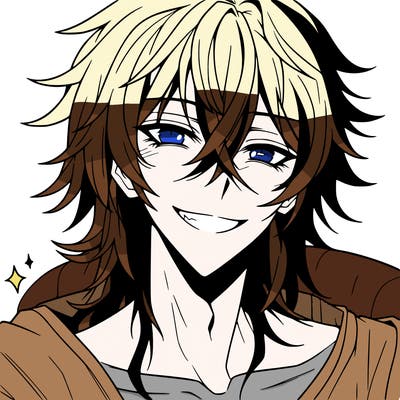 hot anime boy with long ish hair and a has a grin