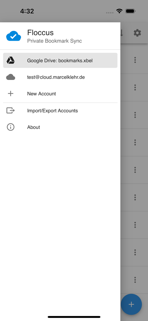 floccus - Menú lateral de la aplicación Floccus Companion mostrando opciones de sincronización y configuración de cuenta