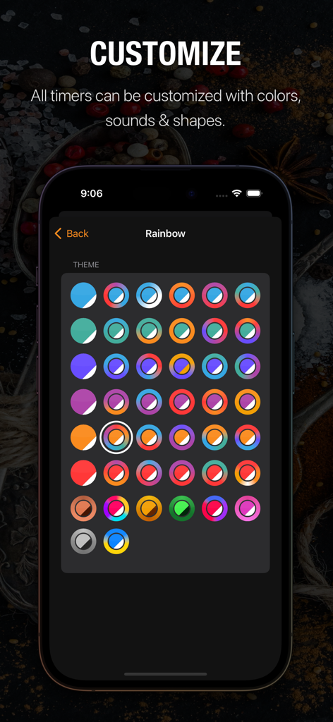 Multiple Timers & Stopwatches - A screen showing various color and theme options for customizing multiple timers in the app.
