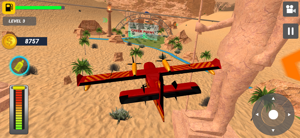 Airplane Game Flight Simulator - Un aereo rosso vola attraverso un ambiente desertico verso un checkpoint in un gioco simulatore di volo 3D.