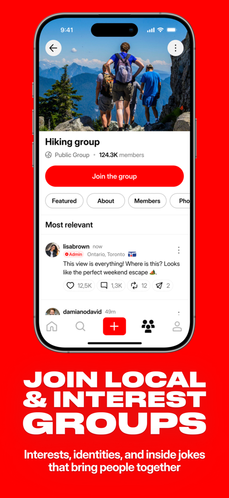EH! - Canada's Social Network - Captura de pantalla de la aplicación EH! mostrando la página de un grupo de senderismo y una indicación para unirse a grupos de interés local.