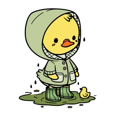 baby duck in a rain coat and boots, in a puddle while it’s raining