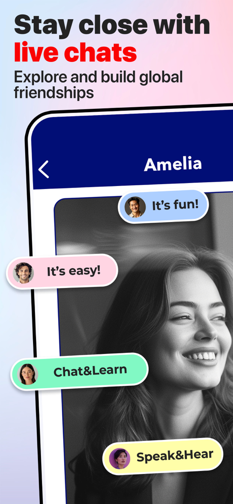 Hello - Talk, chat in English - Mobile app interface showing live chat bubbles and global community features for learning English.