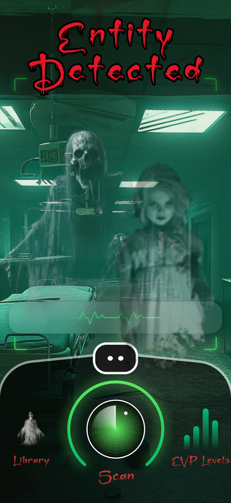 AR Ghost Detector App-Oberfläche, die in einem Raum erkannte Geister mit einem Radar-Scan-Tool zeigt