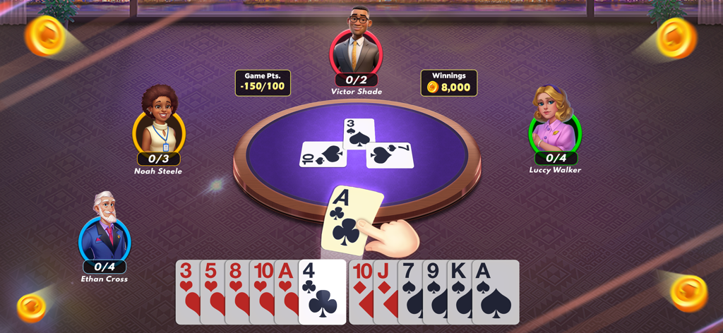 Spades Multiplayer - Quatro jogadores competindo em uma partida online de cartas Spades com avatares e pontuações de lances em uma mesa digital.