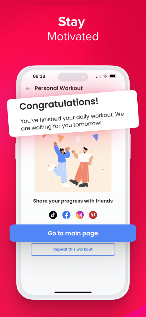 Face Yoga: Facial Exercises - A mobile screen from the Face Yoga app showing a congratulations message and social sharing options after completing a daily facial workout.