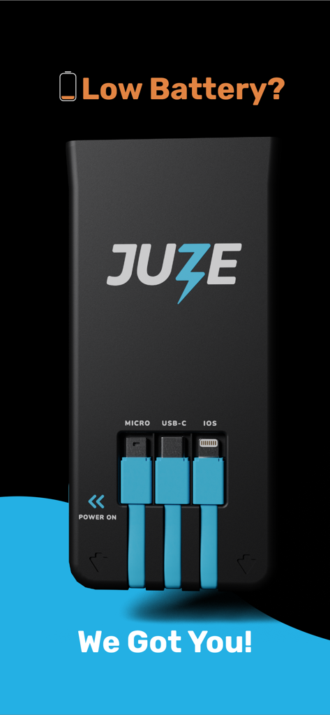 JUZE - A black Juze portable powerbank with three integrated charging cables including USB-C and Lightning connectors