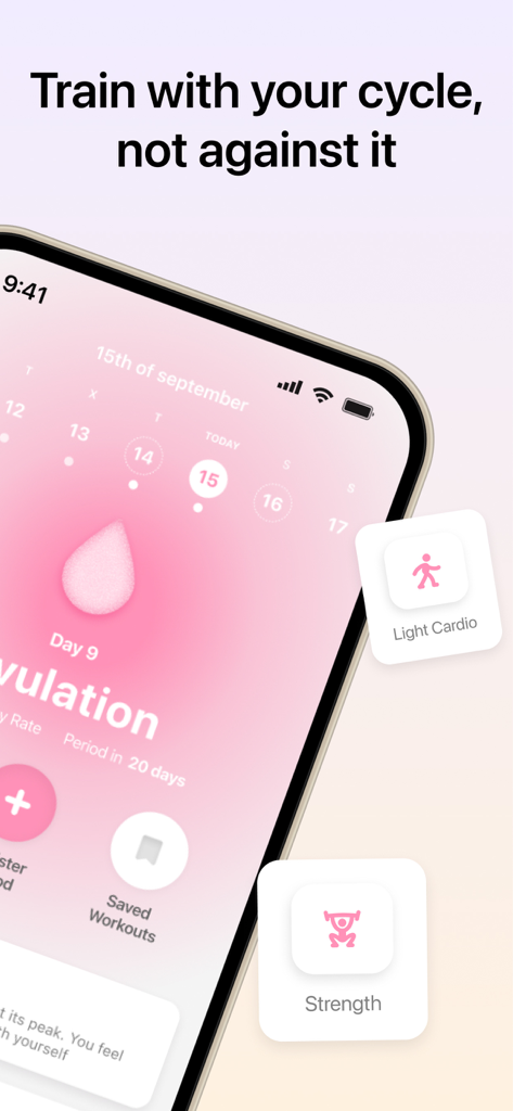 Cycle Sync Workouts: Drop It - Interfaz minimalista de la aplicación móvil para rastrear ciclos menstruales y sincronizar el entrenamiento físico