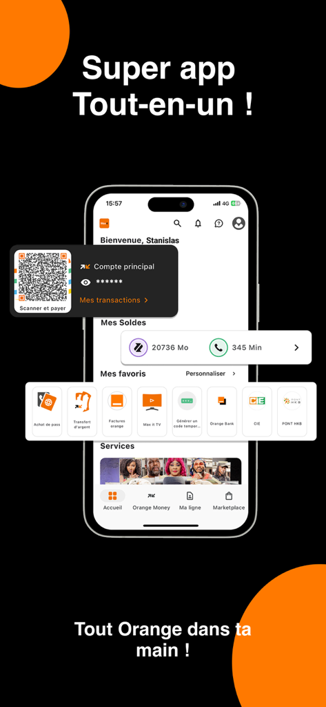 Orange Max it - Côte d'Ivoire - Interface of the Orange Max it super app for Cote d'Ivoire displaying account balances and mobile services