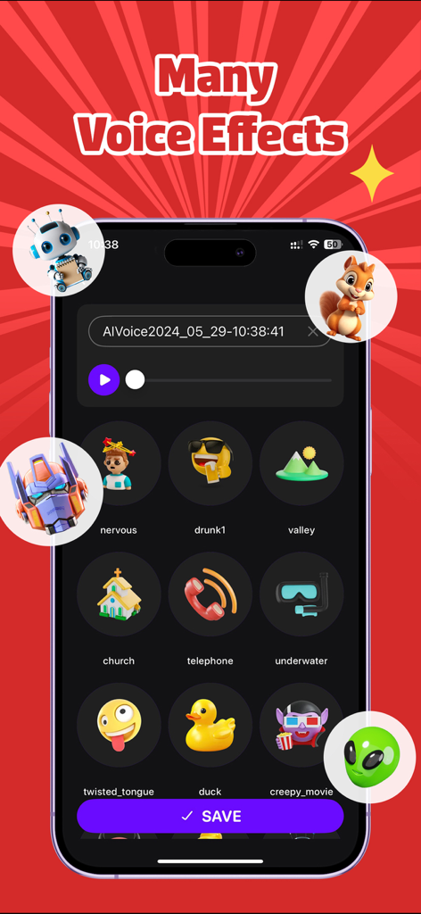 Voice Changer & Prank Sounds - Mobile app screen displaying various funny voice effects icons including robot, squirrel, and alien