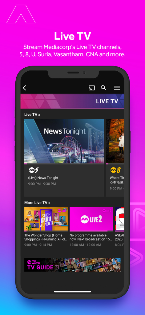 Interfaz de transmisión de TV en vivo de la aplicación mewatch, incluyendo noticias del Canal 5 y dramas del Canal 8