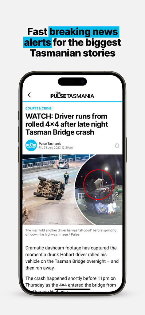 Pulse Tasmania app interface showing a breaking news article about a car crash on the Tasman Bridge