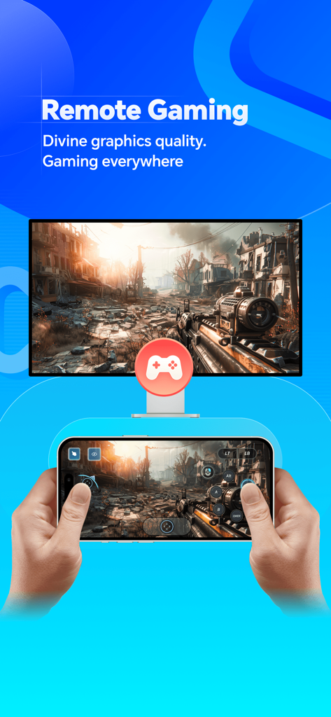 A person playing a PC shooter game on a smartphone using OSLink remote gaming feature