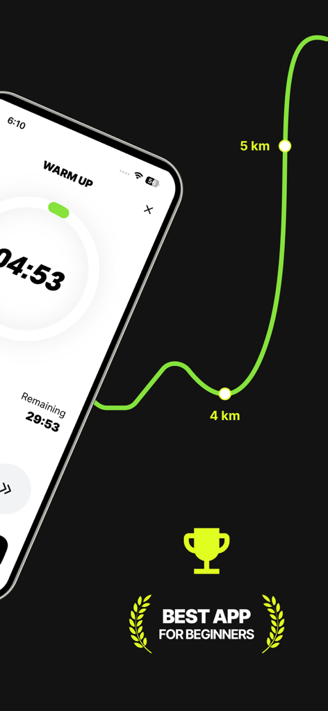 iRun. Couch to Runner : Run 5k - iPhone screen showing a warm up timer for the iRun app next to a green elevation path for a 5k run