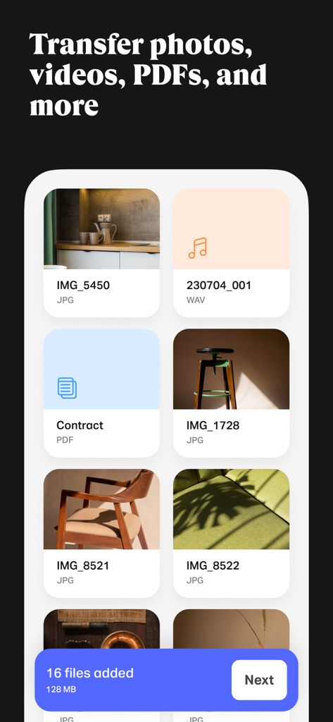 WeTransfer mobile app interface showing a grid of selected photos, audio files, and PDFs with a button indicating 16 files are ready to be sent