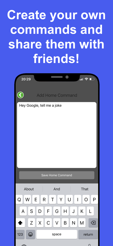 Ein Handy-Bildschirm zeigt, wie benutzerdefinierte Befehle für Google Assistant erstellt und gespeichert werden, mit einem Textfeld mit 'Hey Google, erzähl mir einen Witz.'