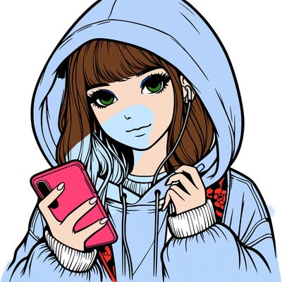 realistic girl with oversized hood and holding a phone