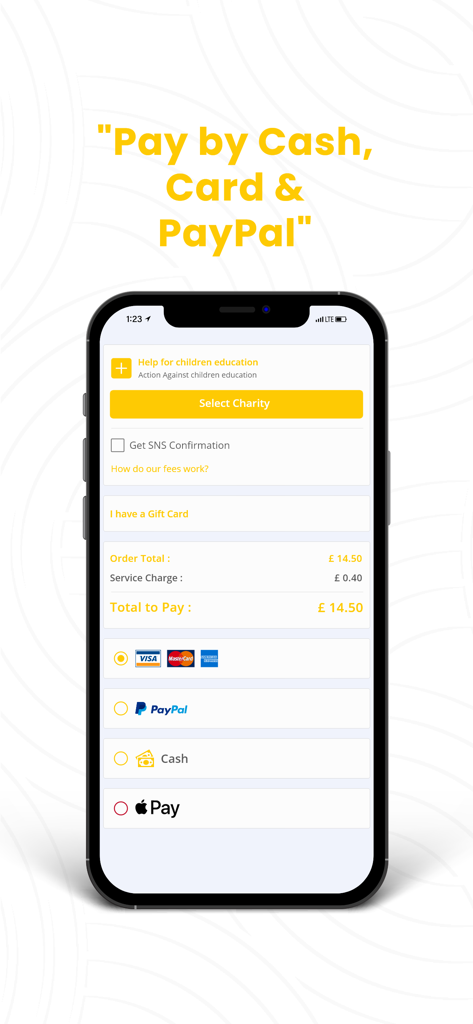 HFC - Official App - Tela de checkout do aplicativo HFC mostrando opções de pagamento para dinheiro, cartão, PayPal e Apple Pay.