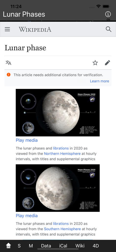 A screenshot of the Lunar Phases app showing a Wikipedia article about lunar phases with diagrams of moon cycles