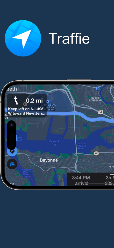 Aplicación de navegación Traffie mostrando un mapa en modo oscuro con direcciones en la pantalla de un smartphone.