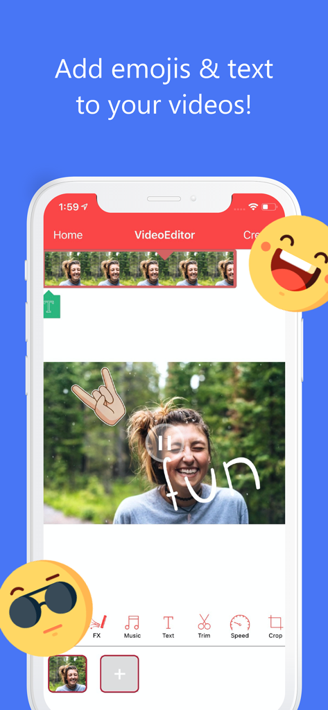 Benutzeroberfläche der Slow Motion Video Editor SLOMO App, die zeigt, wie man Emojis und Text-Overlays zu einem Video hinzufügt.